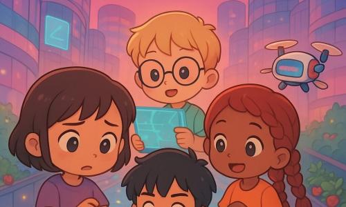 Quattro bambini di 9 anni nella Città Aurora al crepuscolo: Mina, ragazza dai capelli corti castani con un braccialetto-sensore luminoso al polso che lo guarda preoccupata, a sinistra in primo piano; Kiro, ragazzo con capelli neri arruffati e salopette con tasca piena di attrezzi che tiene un piccolo cacciavite, subito a destra di Mina; Teo, ragazzo biondo con occhiali tondi che indica una direzione tenendo una mappa translucida luminosa, dietro Mina e Kiro al centro; Lale, ragazza con trecce rosse che sorride e parla a un piccolo drone postale fluttuante, in primo piano a destra. Ambientazione: passerella sospesa in vetro, grattacieli curvi riflessi rosa e blu, jardiniere con menta e fragole, pannelli olografici a forma di aquiloni e luci LED a terra che scintillano. Situazione: i quattro attorno a un drone postale bloccato in volo che mostra 