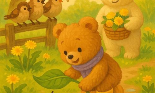 A small light-brown teddy, kneeling with an attentive joyful face, wearing yellow boots and a lavender scarf, uses a large green leaf to help a tiny bright-orange, black-spotted ladybug flipped on its back on a speck of soil in the foreground; behind them a larger cream-furred mother bear with a tender smile holds a wicker basket of yellow dandelions, while two or three round brown sparrows perch on an old wooden fence to the left, heads tilted and singing; the spring garden setting has wet green grass with tiny shiny puddles, a gnarled oak, clumps of dandelions, smooth stones and a dirt path bathed in soft golden light, capturing a calm, tender moment as everyone watches and smiles in warm spring colors.