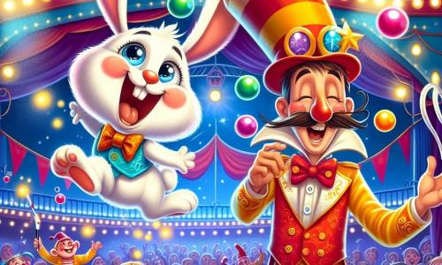 Pepito, un pequeño conejo blanco con grandes orejas y una sonrisa traviesa, lleva un pequeño sombrero de mago y salta alegremente en el escenario, con los ojos brillantes de emoción. A su lado, Don Balas, un malabarista alto y delgado con un bigote en forma de gancho y un traje colorido, ríe mientras hace malabares con pelotas multicolores, mostrando una expresión de orgullo y diversión. El escenario es un circo vibrante, con luces centelleantes, banderines coloridos y un público entusiasta que aplaude, lleno de niños y adultos maravillados. Al fondo, una gran carpa a rayas rojas y blancas se alza, sumando a la atmósfera festiva. La escena principal muestra a Pepito, que en un arranque de alegría, realiza un salto acrobático inesperado, aterrizando con gracia sobre la cabeza de un payaso, provocando una explosión de risas y aplausos del público.