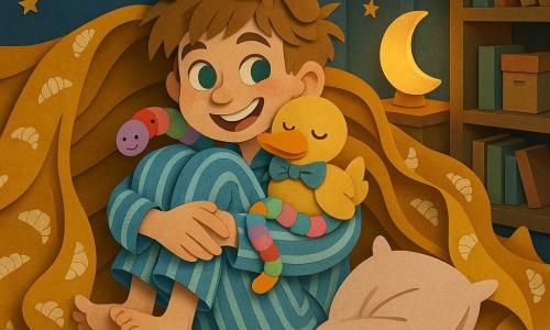 A joyful, slightly giggling 10-year-old boy with messy light brown hair and bright green eyes, in blue-and-white striped pajamas, is curled into a crescent on his bed with arms around his knees; a shiny mustard blanket patterned with small white croissants wraps around him in dramatic folds, a pale pink fluffy pillow slides near his feet, a 20 cm brown teddy (Mr. Bear) sits on his head like a playful hat, a bright yellow plush duck with a blue bow (Sir Duckington) is tucked under his chin, and a long colorful worm doll (Princess Wiggly Worm) coils around his arm; the warm, childlike room has navy walls with painted stars, a light wood shelf of books and boxes, and a moon-shaped bedside lamp casting soft golden light, creating a funny, peaceful, dynamic scene with crisp fabric folds, soft shadows, and visible paper-cut textures.
