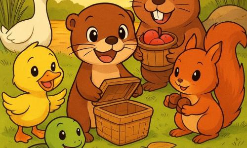 Sunny the little otter stands center, joyful and mischievous with shiny brown fur and twitching whiskers, holding an open empty basket and smiling in surprise; to the left Mila the yellow duckling flutters an amused wing, to the right Pip the red squirrel peers into the basket holding hazelnuts, Bea the brown beaver stands behind with a bucket of apples, Toto the green turtle sits front offering a stick of honey on a leaf, and Gus the white goose hides in the reeds with a sheepish, full bill; they are on a bright pond shore at dusk with calm orange-reflecting water, large lily pads, reeds and a flat rock with four colorful cloths, sharing an improvised snack on leaves after discovering the rolls disappeared, close together with warm, vivid colors, soft lines and rounded shapes.