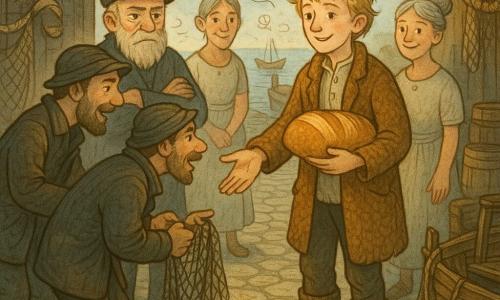 A young man named Leif, smiling with soft eyes, messy blond hair, wearing a brown wool coat and greasy boots, holds a large loaf of bread and reaches toward fishermen with a kind, confident expression; Elder Torvald (about 70), with a braided white beard, wrinkled face and piercing eyes, stands center-left with arms crossed and attentive; Elder Ingrid (about 65), gray hair in a bun, in a light linen dress, smiles gently and stands slightly behind to Leif’s right; two fishermen (around 40) in dark oilskins and rubber boots hold wet nets and lean toward him. The scene is a cobbled alley called Street of Nets, lined with dark wooden houses with thatched roofs, moored wooden boats, hanging nets, stacked barrels and crates, a pale Nordic sky and snowy mountains in the background. Main scene: a peaceful morning meeting with golden dawn light on faces, gestures of sharing and reconciliation, a warm atmosphere despite the cool air, textured details like wet wood, curly wool and mossy rocks. Style: soft colors with warm contrasts, clean lines and simple shapes, with nautical doodle overlays (fish, waves, stars) around the characters.