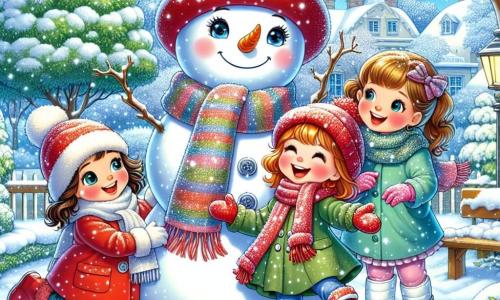 In a snowy garden, three little girls are gathered around a large snowman. Emma, an 8-year-old with sparkling eyes and brown hair, wears a red coat and matching hat, smiling with her arms raised towards the snowman. Next to her, Mia, a 7-year-old with blonde hair and a bright smile, is wearing a multicolored scarf and has a plastered leg, jumping for joy. Finally, Lily, a 6-year-old with curly hair in a green dress, laughs while waving her arms, surrounded by gently falling snowflakes. The garden is filled with sparkling snow, trees heavy with snow on their branches, and a clear blue sky. The cheerful snowman has a carrot for a nose and a red scarf around its neck, adding a touch of magic to the scene. The three girls play and sing around the snowman, celebrating the magic of Christmas, with their laughter echoing in the fresh, joyful air.