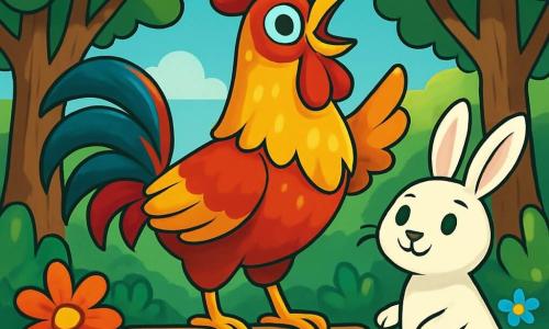 Un gallo dalle piume flamboyanti, che mescolano tonalità di rosso brillante e oro scintillante, si erge fiero su una stalla di legno, con uno sguardo determinato e gioioso. Canta con entusiasmo, le ali leggermente spiegate, come se volesse abbracciare il mondo intorno a lui. Accanto a lui, una piccola lepre bianca dagli occhi rotondi e curiosi osserva con un sorriso incoraggiante, pronta ad accompagnarlo nella sua avventura. Sullo sfondo, una foresta incantata con alberi maestosi e foglie verdi brillanti si erge, mentre fiori colorati danzano al vento. La scena trasmette un'atmosfera di magia e amicizia, mentre il gallo si prepara a attraversare il ponte delle ombre, una prova che lo porterà verso la sua grande avventura.