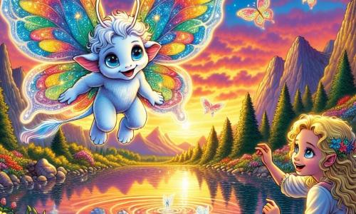 Nimbus, a Sky Whisperer with butterfly-like multicolored wings, joyfully floats in the sky, his face radiating curiosity and wonder. His deep blue eyes shine, and his tail sparkles like stars as he listens to the whispers of the wind. Next to him, a young girl named Lyra, with golden hair and sparkling eyes, sits by a crystal-clear lake. She smiles enthusiastically, throwing pebbles that create ripples in the water, her delicate hands glowing in the setting sun. The scene is set in the beautiful Valley of Reflections, where a mirror-like lake reflects a vibrant orange and pink sky, surrounded by lush green mountains and tall trees with golden leaves. Colorful wildflowers dot the ground, adding a touch of magic to the environment. The main focus shows Nimbus and Lyra sharing stories and laughter, their voices blending with the gentle whispers of nature, creating an atmosphere of discovery and joy.