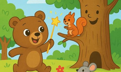 Ein kleiner brauner Bär namens Bruno, mit großen, funkelnden Augen und einem strahlenden Lächeln, tanzt fröhlich in einer sonnigen Lichtung und hält einen glitzernden Zauberstab. Neben ihm springt ein schelmisches Eichhörnchen mit rotem Fell und einem kleinen buschigen Schwanz auf einem Ast und lacht, seine Augen glänzen vor Schalk. Nicht weit entfernt schaut eine kleine graue Maus mit großen Ohren und einem überraschten Gesichtsausdruck bewundernd auf den Zauberstab, während sie neben einem Loch in einem Baum steht. Die Lichtung ist von grünen Bäumen mit glänzenden Blättern umgeben, und bunte Blumen tanzen im Wind. In der Mitte hat eine große Eiche ein lächelndes Gesicht, das der Szene einen Hauch von Magie verleiht. Bruno nutzt seinen Zauberstab, um ein Lächeln auf das Gesicht der Eiche zu zaubern, und alle Tiere lachen zusammen, was eine fröhliche und verspielte Atmosphäre schafft.