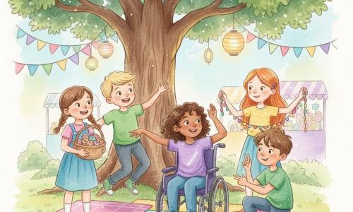 There are five children: Mia, a fair-skinned 10-year-old girl with brown pigtails standing left of the group, smiling and holding a basket of colorful cookies; Ben, a 10-year-old Caucasian boy with short blond hair next to Mia, hopping with excitement in a green T-shirt; Lucas, an 11-year-old boy with olive skin and messy brown hair crouched right front, making a playful charades gesture with a mischievous look; Sofia, a pale freckled 10-year-old redheaded girl behind the group at right holding multicolored garlands; and Amina, a slightly darker-skinned 10-year-old girl with curly hair seated in a purple wheelchair at the center wearing a shiny purple T-shirt, making a dancing arm movement with a radiant face. They are in Rainbow Valley park under a majestic oak with colorful picnic blankets, rainbow banners, festival stalls and hanging lanterns emitting soft light. The group gathers around Amina to watch and learn her dance steps in a warm, inclusive composition with joyful expressions, dynamic gestures, and a bright pastel watercolor palette (pink, turquoise, yellow, purple) with white gel-pen highlights.