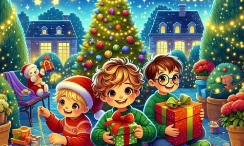 Nel giardino di un orfanotrofio decorato per Natale, tre bambini sono insieme, pieni di gioia. Marco, un ragazzo di 11 anni con capelli castani e ricci, indossa un cappello di Natale rosso e un maglione verde, sorridendo mentre tiene una grande scatola regalo. Alla sua destra, Luca, un ragazzo atletico di 10 anni con capelli biondi e occhi vivaci, decora un albero di Natale con festoni colorati. A sinistra, Tommaso, un sognatore di 11 anni con capelli castani e occhiali rotondi, sfoglia un libro di fiabe di Natale, seduto su una coperta a quadri. Il giardino è pieno di luci scintillanti, fiocchi di neve che cadono dolcemente e un grande albero decorato al centro, circondato da piccoli regali. Le stelle brillano nel cielo notturno, aggiungendo un tocco magico alla scena. I bambini si preparano a organizzare un grande evento di Natale per portare gioia agli anziani del loro quartiere, con sorrisi e risate che illuminano l'atmosfera festiva.