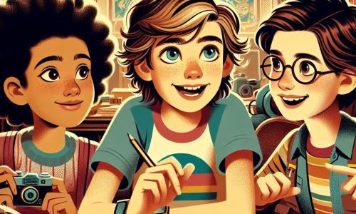 Um garoto de 12 anos, Guilherme, com cabelos castanhos e despenteados, e olhos brilhantes de curiosidade, está no centro da imagem. Ele usa uma camiseta colorida e um jeans, exibindo uma expressão de determinação e entusiasmo enquanto fala com paixão com seus amigos. À sua direita, Sofia, uma menina de 11 anos, com cabelos longos e lisos, usando óculos e um sorriso cativante, anota em um caderno, pronta para organizar suas ideias. À sua esquerda, Pedro, um garoto de 12 anos com cabelos curtos e cacheados, com um olhar sonhador, segura uma câmera, capturando os momentos de sua aventura. O ambiente é uma biblioteca acolhedora, com prateleiras cheias de livros coloridos, luzes suaves e cartazes nas paredes evocando temas de solidariedade e ajuda mútua. A cena principal mostra Guilherme e seus amigos em plena discussão, cercados de livros, planejando uma campanha de arrecadação para ajudar crianças desfavorecidas de sua comunidade, ilustrando seu compromisso e espírito de equipe.