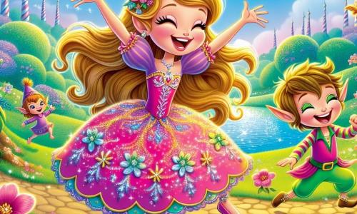 La princesa Sofía, una niña de unos 10 años, tiene largos cabellos dorados que brillan al sol. Lleva un vestido colorido en rosa y violeta, adornado con motivos de flores brillantes. Su rostro se ilumina con una gran sonrisa, mostrando su alegría y entusiasmo mientras baila con energía en medio de un grupo de pequeños pájaros cantores. A su lado, Pipo, un duende travieso de unos 8 años, tiene orejas puntiagudas y cabello desordenado. Lleva un pantalón verde brillante y una camisa a rayas, y salta de alegría con los brazos en alto, con su gorra mágica en la cabeza. La escena transcurre en una hermosa pradera del reino encantado, rodeada de árboles de caramelo y flores multicolores que brillan bajo la luz del sol. A lo lejos, un lago cristalino refleja el cielo azul, añadiendo magia al lugar. La situación principal muestra a Sofía y Pipo bailando alegremente con los pájaros, celebrando la recuperación de la gorra mágica de Pipo, llenos de risas y felicidad, mientras burbujas de jabón flotan a su alrededor, creando una atmósfera festiva y encantada.