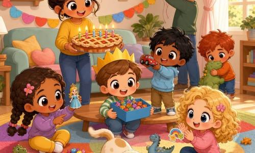 Bambini in festa su un grande tappeto multicolore: un bimbo di 4 anni dai capelli castano chiaro corti con corona di carta gialla sorride tenendo una scatolina blu di caramelle; Sara, ~5 anni con treccia castana, sorride mostrando una piccola statuina; Leo, ~4–5 anni con capelli neri scompigliati, mostra una macchinina rossa; Giulia, ~5 anni con capelli biondo ricci, applaude tenendo uno sticker; Paolo, ~3 anni rosso e timido, abbraccia un peluche; la mamma trentenne con capelli raccolti porta una torta con candeline accese; il papà ~32 anni prepara palloncini e festoni; la cagnolina Pina bianca a macchie beige annusa un ossetto giocattolo; atmosfera luminosa, calda e gioiosa di caccia alle sorprese con giochi e caramelle condivisi.