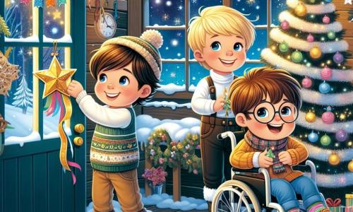 Tres amigos están juntos en una cabaña de madera acogedora, decorada con guirnaldas coloridas y luces brillantes. A la izquierda, Tomás, un niño de 8 años con cabello castaño desordenado y una gran sonrisa, cuelga una estrella dorada en la puerta. En el centro, Martín, un niño de 9 años con cabello rubio y ojos chispeantes, sostiene una guirnalda de papel colorido, listo para colgarla del techo. A la derecha, Lucas, un niño de 8 años con cabello castaño y gafas, está sentado en su silla de ruedas, riendo alegremente mientras sostiene una estrella de papel en sus manos. La cabaña está rodeada de nieve brillante, con copos de nieve cayendo suavemente afuera, creando una atmósfera mágica. A través de las ventanas, se pueden ver luces brillantes y sombras danzantes, mientras un gran árbol de Navidad decorado se erige en una esquina, añadiendo a la magia de la escena. Los amigos están preparando una gran fiesta de Año Nuevo, llenos de emoción y alegría, listos para descubrir un mensaje misterioso que los llevará a una aventura mágica bajo las estrellas.