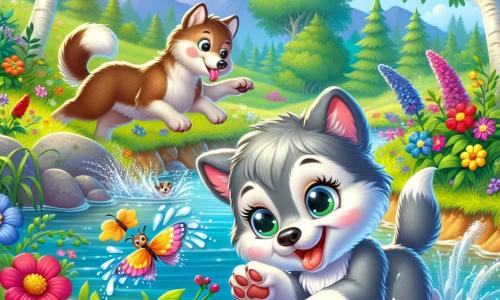 Ein kleiner Wolf mit grauem, weichem Fell und großen, strahlenden Augen springt in einen klaren Bach und spritzt glitzernde Tropfen um sich. In der Nähe lächelt eine Mutterwolf mit braunem Fell und wohlwollenden Augen, während sie bunte Blumen am Ufer pflückt, ihr Gesicht strahlt vor Glück. Es ist ein schöner Sommertag in der Natur, mit einem funkelnden Bach, leuchtend bunten Wildblumen und grünen Bäumen, die im Wind tanzen. Die Hauptszene zeigt den kleinen Wolf, der Spaß beim Tauchen hat, während seine Mama einen friedlichen Moment in der Natur genießt, was eine Atmosphäre von Freude und Verbundenheit schafft.