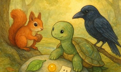 Tortuga Lila, protagonista: tortuga lenta y serena, caparazón redondeado nacarado con reflejos verdes y marrones, ojos suaves, sentada junto a una piedra con la pata sobre su caparazón; Ardilla: pequeño roedor rojizo, pelaje esponjoso, ojos vivos e inquietos, sujeta una avellana, de pie a la izquierda sobre las raíces de un roble; Cuervo: ave negra con reflejos azulados, una ala ligeramente plegada, mirada tímida y agradecida, posado en una rama baja a la derecha inclinando la cabeza hacia Lila; Sobre el caparazón de Lila hay tres objetos: una hoja verde brillante, una pequeña pepita dorada que emite un leve resplandor y un trozo de papel con forma de sonrisa; Lugar: claro en el bosque con suelo de musgo y hojas otoñales, una roca señalada y un estrecho arroyo brillante al fondo, luz cálida de mañana filtrándose entre las ramas; Situación: escena de mediación tranquila: Lila propone compartir las avellanas, los animales la escuchan alrededor de la piedra, expresión de paz y ayuda mutua, composición centrada en la tortuga con los otros en semicírculo, paleta suave tipo acuarela con realces blancos.