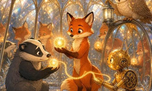 Main character: a small anthropomorphic fox with copper-red fur and a long shiny tail, a gentle face and curious eyes, confident and kind, holding a golden light-pearl that emits a warm glow. Secondary characters: a young round owl with nacreous feathers and calm attentive eyes perched on a mirror edge to the fox’s right, adjusting a tiny silver lantern; a stocky dark-gray badger with a worried but soothed expression crouched to the left receiving a small luminous sphere on its paws; a small golden automaton with thin antennae and visible gears, smiling and kneeling as it extends a woven thread of light. Setting: a glass rotunda with curved walls of mirror panes like petals, a sparkling glass dome, pale stone slab floor with silver grass between the stones, diffuse glow and multiple reflections creating colored halos. Scene: warm peaceful moment where the animals pass small light pearls, ribbons of woven light linking hands and paws, mirrors multiplying faces and amplifying an atmosphere of sharing and balance, warm palette of gold, copper and amber with metallic and bluish accents.