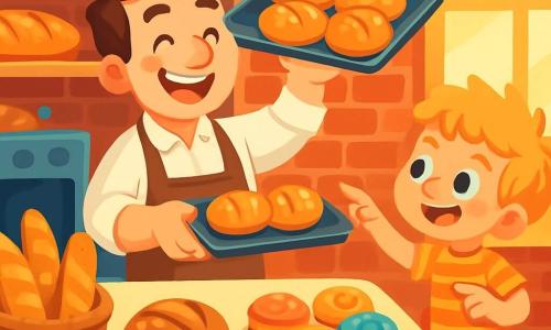 Ein fröhlicher Mann mit einem breiten Lächeln und rosigen Wangen steht hinter der Theke einer Bäckerei. Er trägt einen weißen Kittel und eine Stoffschürze, seine braunen Haare sind leicht zerzaust. Er holt mit Begeisterung ein Tablett mit goldbraunen Brötchen aus dem Ofen, die Arme erhoben. Neben ihm steht ein 7-jähriger Junge mit funkelnden Augen und zerzausten blonden Haaren, der die Brötchen staunend betrachtet. Er trägt ein gestreiftes T-Shirt und eine blaue Shorts und steht auf den Zehenspitzen, um besser sehen zu können. Die Bäckerei ist einladend, mit roten Backsteinwänden und Holzregalen voller knuspriger Brote und bunter Gebäckstücke. Sonnenstrahlen filtern durch die großen Fenster und tauchen den Raum in goldenes Licht. Die Szene zeigt den Mann und den Jungen, die einen Moment der Freude teilen, der Junge lacht und zeigt auf ein Brötchen, während der Mann stolz lächelt.