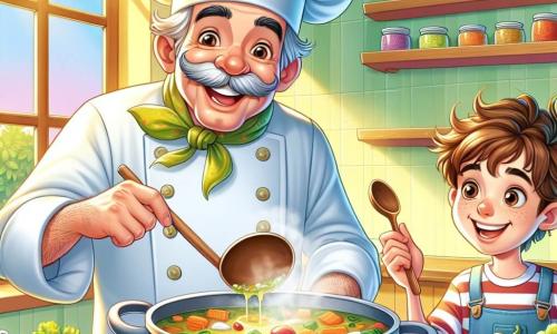 Ein jovialer Küchenchef, ein Mann in seinen Fünfzigern, trägt einen großen weißen Kochhut und eine bunte Schürze. Sein Gesicht ist lächelnd, mit funkelnden Augen und einem gut gestutzten Schnurrbart. Er rührt in einem großen Suppentopf, aus dem ein köstlicher Duft von frischem Gemüse aufsteigt. Neben ihm steht ein achtjähriger Junge namens Max mit zerzausten braunen Haaren und einer süßen roten Strähne. Er ist konzentriert, mit weit aufgerissenen Augen, und hält einen kleinen Holzlöffel in der Hand, bereit, die Suppe zu probieren. Max steht direkt neben dem Koch und schaut mit Staunen in den Topf. Die Szene spielt sich in einer hellen, einladenden Küche ab, mit pastellgelben Wänden, Regalen voller bunter Gewürzgläser und frischem Gemüse auf einer großen Holzarbeitsplatte. Sonnenlicht strömt durch die Fenster und beleuchtet den Raum warm. Die Hauptsituation zeigt den Küchenchef und Max, die gemeinsam eine bunte Gemüsesuppe zubereiten, während eine fröhliche und freundliche Atmosphäre in der Küche herrscht.
