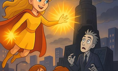 A young adult heroine with long golden-blond hair and sparkling blue eyes, determined and kind, floats in the sky emitting yellow-orange rays from her hands; behind her, Dr. Gloom, an adult man with a pale face and short gray brush-cut hair, looks surprised and sheepish as he sits before a broken control panel in the dark tower; in the foreground two children watch in wonder from the street below, smiling as nearby streetlights go out; the scene is a modern city at dusk with skyscraper roofs and a solar-paneled roof, dark clouds partly cleared by light beams; a luminous confrontation above the tower—the heroine releases a large soft golden burst that disperses the shadows around Dr. Gloom, creating a dynamic, heroic mood with warm colors contrasted against gray tones.
