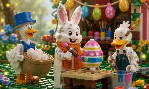 Pip the rabbit (main) is joyful and mischievous, ears upright, white fur speckled with gray, wearing an orange carrot-pattern scarf, holding a paintbrush loaded with pink paint, standing before a low brick table; the mayor goose (secondary) is hurried and jovial, bright white plumage, blue mayor’s hat, carrying a large basket of empty brick eggs to Pip’s left; a painter duck (secondary) is focused and content, bright yellow beak, paintbrush behind its ear and paint spots on its feathers, dipping its brush into a multicolored paint bucket to Pip’s right; the paint tent (setting) is colorful red-and-white striped bricks with many small paint pots, brushes, and strings of mini eggs, set on a green meadow with brick flowers and fireflies; main scene: Pip carefully paints a large brick egg with stripes and dots in soft morning light, festive colorful atmosphere, clear playful composition, close-up LEGO diorama with vivid colors and visible brick textures.