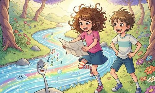 A radiant 12-year-old girl, Poppy, with bouncy curly brown hair and mismatched socks holding a crumpled map and reaching toward a shiny singing spoon; beside her a laughing 12-year-old boy, Benny, with short tousled hair and hands on his hips watching the spoon—Squeaky, a small silver spoon with bright eyes and a smiling mouth perched on a rock, emitting colorful musical notes; a wide clear river with rainbow-reflecting, smile-shaped waves and glowing bubbles, banks of swaying multicolored wildflowers, soft grass and candy-cane twisted tree trunks with bright purple and blue leaves; playful, exaggerated motion and dynamic lines, golden low sunlight, saturated contrasting colors, mid-shot with a slight bird’s-eye angle, expressive faces, round manga-youth style, soft textures and a vivid joyful palette.