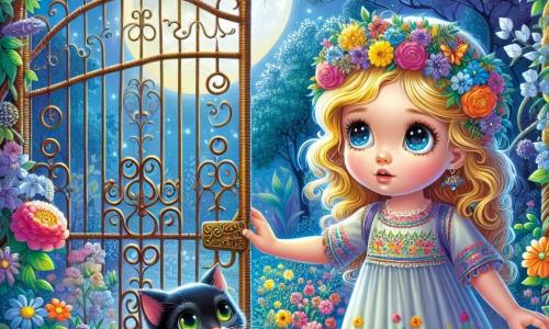 An 8-year-old girl, Lila, stands in front of a wicker gate, her eyes sparkling with wonder and her face illuminated by moonlight. She has golden hair cascading in curls around her shoulders and wears a light dress adorned with colorful floral patterns. Beside her, a mischievous black cat with sparkling green eyes curiously observes the scene, sitting slightly back as if waiting for Lila to make a decision. The setting is an enchanting garden bathed in soft moonlight, surrounded by vibrant flowers, shimmering butterflies, and silver-leaved trees, creating a magical and inviting atmosphere. Intrigued and a bit nervous, Lila reaches out towards the gate, ready to open it and discover what lies beyond. The scene conveys a sense of adventure and mystery, inviting viewers to imagine what could be on the other side.