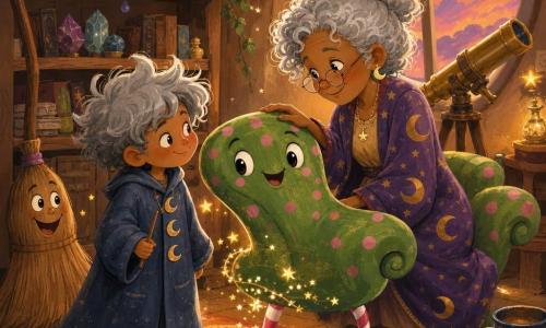 Milo, a tender six-year-old apprentice wizard with messy gray-cloud hair and an oversized moon-button coat, holds a cinnamon wand and smiles at a chair; Madame Lune, a calm, kind ~60-year-old with silver curls and glasses on her nose, sits by the window stroking a green polka-dot enchanted chair that is lively and mischievous—green with pink dots, three candy-cane curved legs and starry sparkles, leaning toward Milo as if conversing; Benny the broom stands against a wall, smiling and ready to sweep. The warm astrology parlor has wooden shelves of star charts and shiny stones, a brass telescope by a round window, a worn warm rug and golden evening light. Main scene: a funny, tender moment as the chair settles by the window while Milo and Madame Lune share a knowing smile, little stars floating, cozy gouache textures, warm colors and soft contrasts.