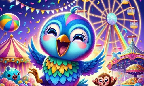 An illustration depicts a small colorful bird with bright blue plumage and a golden beak, expressing great joy and excitement as it dances on its tiny feet, its eyes sparkling with happiness, surrounded by colorful confetti falling from the sky. Nearby, a shimmering fish with multicolored scales jumps out of a fountain, displaying a wide smile and bright eyes full of enthusiasm. A playful monkey, with brown fur and mischievous eyes, joyfully swings from branch to branch, laughing and making faces. The main setting is a magical carnival, featuring stalls decorated with twinkling lights, balloons floating in the air, and mounds of colorful sweets, while a large illuminated Ferris wheel slowly turns in the background, adding a touch of magic to the festive atmosphere. The main scene shows the little bird and its friends celebrating together, surrounded by laughter and music, as they discover the true magic of the carnival: friendship and shared joy. Additional graphic elements include vibrant flowers, characters in flamboyant costumes dancing around them, and sparkling light bursts that enhance the festive and joyful ambiance of the entire illustration.
