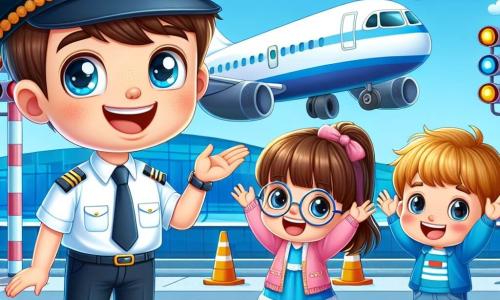 Um piloto chamado João está no centro da imagem, sorrindo amplamente com olhos brilhantes de alegria. Ele usa um uniforme azul vivo, com um boné adornado com um emblema dourado, e faz um gesto amigável em direção às crianças. À sua direita, uma menina chamada Ana, de cerca de 8 anos, com longos cabelos castanhos e óculos redondos, observa João com admiração, com as mãos nas bochechas. À sua esquerda, um menino chamado Pedro, também de 8 anos, com cabelos curtos e loiros, levanta os braços para o alto, como se estivesse prestes a voar, com um grande sorriso no rosto. A cena acontece em um pátio de aeroporto, com um grande avião branco e azul ao fundo, nuvens fofas em um céu azul brilhante e balizas coloridas ao redor da pista. João está explicando às crianças como ele se prepara para o voo, enquanto Ana e Pedro sonham em voar no céu, cheios de excitação e imaginação.