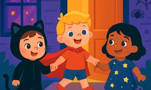 There are three characters: - Mia: a 4-year-old girl wearing a black cat costume with velvet ears. She has brown hair and sparkling eyes. She stands on the left, smiling and curious. - Ben: a 4-year-old boy dressed in a flowing red cape. He has blonde hair and blue eyes. He is in the center, arms outstretched, ready to enter the house. - Noor: a 4-year-old girl wearing a starry dress that shines in the night. She has black hair and bright eyes. She is on the right, holding Mia's hand, with an amazed expression. The setting is a welcoming house decorated for Halloween, with twinkling purple lights in the windows. The door is slightly open, revealing a warm golden light inside. Orange lanterns illuminate the porch, and smiling-faced pumpkins are placed on the steps. The main scene shows the three friends holding hands, ready to enter the house. They display expressions of joy and excitement, surrounded by Halloween decorations like paper bats and soft spider webs.