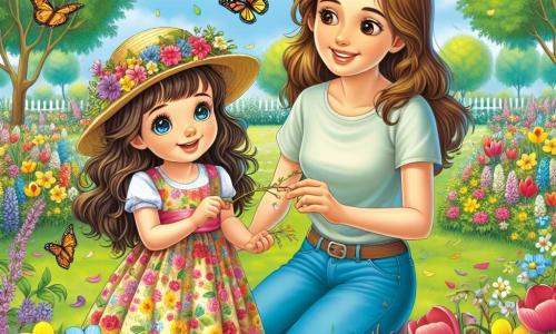 O fetiță de 10 ani, pe nume Maria, cu părul lung și brunet și ochi strălucitori de curiozitate, se află în mijlocul unui parc de primăvară. Ea poartă o rochie colorată împodobită cu flori și o pălărie de paie, zâmbind fericită în timp ce observă fulgii de flori și fluturii care dansează în jurul ei. Lângă ea, mama ei, o femeie de aproximativ 35 de ani, cu părul castaniu și un zâmbet cald, este așezată în genunchi, adunând crenguțe pentru a construi un adăpost pentru păsări. Ea poartă un tricou ușor și blugi, și o privește pe Maria cu mândrie. Parcul este plin de flori strălucitoare de culori vii, precum lalele și narcise, sub un cer albastru deschis presărat cu nori albi pufoși. Copacii verzi înconjoară locul, iar aerul este plin de ciripitul păsărilor și zumzetul albinelor. Situația principală arată cum Maria și mama ei construiesc un mic adăpost pentru păsări, simbolizând dragostea lor pentru natură și dorința de a proteja animalele în această frumoasă sezon de primăvară.