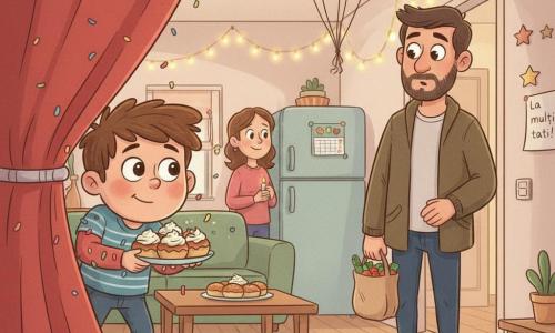 Băiat de 10 ani, față rotundă, păr brun dezordonat, ochi mari, expresie veselă și ușor timidă; sare dintr-o draperie roșie ținând o farfurioară cu brioșe cu frișcă, confetti pe mâneci. Tatăl, ~38 ani, barbă de 3 zile, jachetă lăsată, surprins și înduioșat; stă cu o sacoșă de cumpărături în prag, lumină din hol în spate. Mama, ~35 ani, păr prins, zâmbet blând; în fundal lângă bucătărie, ține o lumânare falsă. Living mic și cozy, parchet deschis, masă de cafea cu farfurie de brioșe, ghirlande luminoase calde, grup de baloane colorate la tavan, stele de hârtie și un card „La mulți ani, tati!” pe perete, frigider cu un calendar colorat magnetat. Scena: surpriză fericită la întoarcerea tatălui, semi-întunecată, lumină aurie, confetti în aer, atmosferă caldă și emoționantă, compoziție centrată pe băiat și privirea tatălui, trăsături moi, paletă pastel caldă, contraste moderate, texturi de hârtie și creion, ton tandru și umoristic.