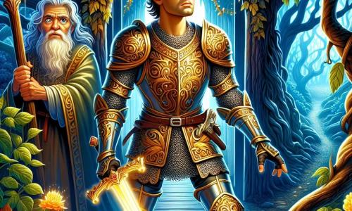 Een dappere ridder, Sir Cedric, staat in het midden van de afbeelding, met een glanzende harnas versierd met gouden patronen. Zijn ogen zijn vastberaden en zijn gezicht straalt intense concentratie uit. Hij heft zijn glinsterende zwaard, klaar om het gevaar te trotseren. Rechts van hem staat een oude wijze vrouw van ongeveer 70 jaar met zilvergrijs haar en een gerimpeld gezicht, die hem met een uitdrukking van wijsheid en bezorgdheid observeert, terwijl ze een houten staf vasthoudt die is gegraveerd met oude symbolen. De achtergrond toont de ingang van een donkere en mysterieuze bos, waar kromme, loofrijke bomen staan die schaduwrijke vormen op de met bladeren bedekte grond werpen. Hangende lianen en luminescente bloemen voegen een vleugje magie toe aan de sfeer. Sir Cedric aarzelt om zijn pad te kiezen, met drie richtingen voor zich: het donkere bos rechts, de steile berg links, en de oude stenen brug voor hem, waar een mysterieuze schaduw in de duisternis opdoemt.