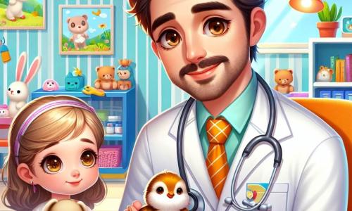 El personaje principal es el Doctor Carlos, un hombre de unos treinta años, con cabello castaño y un gran bigote. Lleva una bata blanca brillante y tiene una sonrisa cálida, mostrando su emoción de bondad y determinación. Está cuidando a un pequeño pajarito herido, sosteniéndolo delicadamente en sus manos. A su lado está Ana, una niña de seis años, con cabello rubio largo y ojos brillantes. Ella mira al Doctor Carlos con admiración, sosteniendo un juguete de peluche en sus brazos. Un poco más lejos, Pedro, un adorable conejito de peluche, está sentado en una silla, cantando suavemente para calmar al pajarito. La escena se desarrolla en un encantador consultorio médico, lleno de colores vivos. Las paredes están decoradas con dibujos de animales y nubes, y hay una gran ventana que deja entrar la luz del sol, iluminando los juguetes y libros esparcidos por el suelo. La situación principal muestra al Doctor Carlos cuidando al pajarito herido, con Ana y Pedro a su lado, creando una atmósfera de cuidado y compasión.