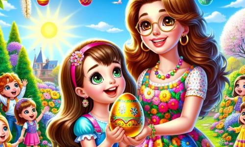 Una niña de 6 años, llamada Sofía, con largos cabellos castaños y ojos brillantes, lleva un vestido colorido con motivos de flores. Sonríe ampliamente, sosteniendo un huevo de Pascua dorado en sus manos, con una expresión de asombro. A su lado está la maestra, la señorita Lucía, una mujer de unos treinta años con cabello castaño y gafas redondas, que sonríe orgullosa mientras anima a Sofía. Ella lleva una blusa colorida y está cerca de un gran árbol en flor, lo que añade a la atmósfera alegre. El lugar es un jardín escolar vibrante, lleno de flores brillantes, arbustos verdes y decoraciones de Pascua colgadas en los árboles. Los huevos de Pascua coloridos están escondidos por todas partes, y el sol brilla en un cielo azul claro. Sofía descubre el misterioso huevo dorado, rodeada de sus amigos, todos emocionados y curiosos, mientras lee el mensaje secreto que los llevará a una gran sorpresa de Pascua.