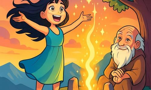 A woman named Elara, about 25 years old, stands at the top of a majestic mountain, her long black hair flowing in the wind. Her face radiates joy, with bright star-like eyes illuminated by discovery. She wears a light dress in shades of blue and green, reflecting the surrounding nature. Beside her, an old sage with a long white beard and sparkling eyes sits under a majestic tree, observing the scene kindly. He is dressed in a natural fabric tunic, and his warm smile reflects timeless wisdom. The mountaintop is bathed in the golden light of the setting sun, with a vibrant sky of warm colors in the background, dotted with pink and purple clouds. Ancient stones form a circle around a fountain of bright light dancing in the air, creating a magical atmosphere. Elara, in awe, raises her arms to the sky, welcoming the dancing lights swirling around her, symbolizing joy and hope. The light sparkles on her face as the wind plays with her dress, creating a dreamlike and enchanting scene.