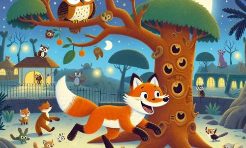 Ein schelmischer Fuchs namens Felix mit leuchtend orangefarbenem Fell und einem buschigen Schwanz springt vor Freude um einen großen Baum, seine Augen strahlen vor Neugier. Neben ihm sitzt eine weise Eule namens Ella mit großen runden Augen und braunen Federn auf einem Ast, lacht und ermutigt Felix bei seiner Suche. Im Hintergrund wird der Zoo von dem sanften Licht des Mondes erleuchtet, mit Schatten von Palmen und Tiergehegen, die eine magische nächtliche Atmosphäre schaffen. Die Szene zeigt Felix und Ella, die aufgeregt nach versteckten Keksen unter dem großen Baum suchen, während andere Tiere im Zoo sie neugierig beobachten.