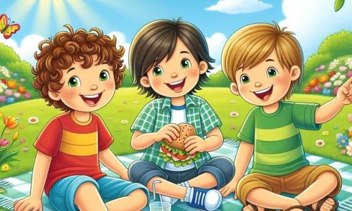 Drei Jungen, Max, Ben und Leo, sitzen auf einer großen bunten Decke, die auf dem grünen Gras eines sonnigen Parks ausgebreitet ist. Max, ein Junge mit braunen lockigen Haaren, trägt ein rotes T-Shirt und eine blaue Shorts und lächelt, während er ein Sandwich in der Hand hält. Neben ihm lacht Ben, ein Junge mit glatten blonden Haaren, der ein kariertes Hemd und Shorts trägt und ein Glas Fruchtsaft hält. Schließlich zeigt Leo, ein Junge mit kastanienbraunen zerzausten Haaren, der ein grünes T-Shirt und Sandalen trägt, auf einen wunderschönen bunten Schmetterling, der um sie herumfliegt. Der Park ist mit leuchtenden Blumen in allen Farben gefüllt: roten Tulpen, weißen Margeriten und gelben Narzissen, während blühende Bäume dem Landschaftsbild einen Hauch von Rosa verleihen. Der Himmel ist strahlend blau mit ein paar fluffigen weißen Wolken, und die Sonne scheint fröhlich über ihnen. Die drei Freunde feiern den Frühling bei einem Picknick, teilen Lachen und Geschichten und bewundern die Schönheit der Natur um sie herum.