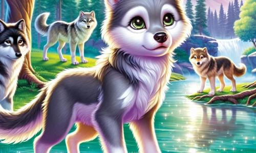 Aan de oever van een prachtig glinsterend meer kijkt een jonge wolf met heldere ogen en zachte grijze vacht, genaamd Kleine Wolf, nieuwsgierig en met een lichte rilling van bezorgdheid. Hij staat op een kleine oever, zijn delicate poten raken het groene gras aan terwijl hij de scène voor zich observeert. Naast hem staat zijn zus Lupa, een wolvin met goudbruin vacht en warme ogen, die een voelbare vastberadenheid uitstraalt. Ze staat trots iets naar voren, klaar om haar broer te verdedigen, met haar blik gericht op de andere dieren. Op de achtergrond staan twee jonge wolven, een noordelijke met zwarte vacht en doordringende ogen, en een zuidelijke wolvin met crèmekleurige vacht en zachte ogen, op een veilige afstand, met een mengeling van wantrouwen en nieuwsgierigheid op hun gezichten. Het decor is betoverend: majestueuze bomen met levendige groene bladeren omringen het meer, terwijl de lucht zich kleurt met roze en oranje tinten bij zonsondergang, wat een zowel magische als gespannen sfeer creëert. De hoofdscene toont Kleine Wolf en Lupa die hun moed verzamelen om met de andere jonge wolven te praten, op zoek naar vrede en het delen van hun emoties, terwijl de angst voor oorlog in de lucht hangt.