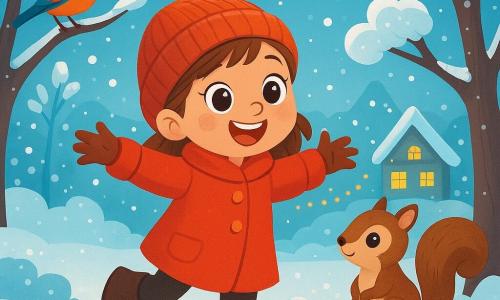 Una bambina di 4 anni, di nome Lucia, con grandi occhi brillanti e un sorriso radioso, indossa un cappotto rosso vivo e un berretto di lana. Sta saltando nella neve, con le braccia aperte e un'espressione di gioia sul volto. Accanto a lei, un piccolo scoiattolo di nome Pino, con pelliccia marrone e una coda folta, la osserva con curiosità, seduto su un ramo. Un uccello colorato, posato su un altro albero, canta allegramente, contribuendo all'atmosfera festosa. La scena si svolge in un giardino magico, coperto da uno spesso strato di neve scintillante, con alberi carichi di neve e luci di Natale che brillano in lontananza. Sullo sfondo, una casa accogliente con finestre illuminate crea un'atmosfera calorosa. Lucia, affascinata dalla bellezza dell'inverno, si diverte a giocare nella neve, creando angeli di neve e ridendo, mentre Pino e l'uccello la osservano divertiti, condividendo un momento di felicità e amicizia.