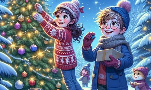 Een 11-jarig meisje, Lotte, met lange, krullende bruine haren, sprankelende ogen en een stralende glimlach, staat in het midden van een prachtige kerstscène. Ze draagt een rode trui met een sneeuwvlokmotief en een wollen muts. Lotte is bezig met het versieren van een grote kerstboom in de tuin, terwijl ze kleurrijke slingers en glinsterende sterren ophangt. Naast haar helpt Tom, een 12-jarig jongen met rommelig blond haar en ronde bril, haar door een doos met versieringen vast te houden. Hij ziet er enthousiast en glimlachend uit, gekleed in een blauwe jas en handschoenen. Hij staat iets naar achteren en reikt een kerstbal naar Lotte. De locatie is een charmante, besneeuwde tuin, omringd door grote met sneeuw bedekte dennenbomen, met glinsterende lichten aan de takken. De lucht is diepblauw, bezaaid met heldere sterren, en een zachte maanverlichting verlicht de scène. De hoofdscène toont Lotte en Tom, omringd door hun vrienden, die samen een magisch kerstfeest voorbereiden, vol gelach en vreugde, terwijl ze de boom versieren en gelukkige momenten delen.