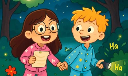 Hay 2 personajes principales:  
- Lila: una niña de 7 años con largos cabellos castaños y gafas redondas. Lleva un pijama rosa con unicornios. Está de pie, emocionada, sosteniendo una carta misteriosa en sus manos.  
- Nico: un niño de 7 años con cabello rubio alborotado y una gran sonrisa. Lleva un pijama azul con patos. Está un poco detrás, señalando hacia el parque con una linterna, sus ojos brillando de anticipación.  

El lugar donde se desarrolla la situación principal es un parque nocturno, iluminado por la luna. Árboles con hojas verdes y brillantes rodean un pequeño estanque donde nadan patos. Sombras bailan en el suelo, creando una atmósfera mágica y misteriosa.  

La situación principal de la historia muestra a Lila y Nico, curiosos y divertidos, tomados de la mano, listos para descubrir las sorpresas del parque. Escuchan risas provenientes de un arbusto, rodeados de flores coloridas y luciérnagas centelleantes que iluminan la noche.