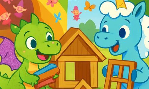 Una pequeña dragona verde llamada Lila, con alas brillantes de purpurina, sonríe alegremente mientras sostiene trozos de madera de colores en sus patas. Sus ojos brillan de emoción y curiosidad, lista para crear algo mágico. Junto a ella, una unicornia azul llamada Zuri, con crines en forma de nubes y ojos brillantes, ríe sosteniendo una ventana de madera. El lugar es un taller creativo en un claro soleado, con paredes pintadas de arcoíris, pinceles de colores esparcidos por el suelo y flores vibrantes alrededor. La situación principal muestra a Lila y Zuri construyendo una casa para los pequeños animales del bosque, riendo juntas de los duendecillos que bailan alrededor, creando una atmósfera alegre y llena de creatividad.
