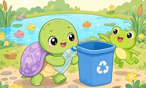 Una piccola tartaruga verde (personaggio principale), volto rotondo e occhi brillanti, espressione gioiosa e concentrata, carapace lavanda a motivi delicati, tiene una bottiglia di plastica traslucida con le zampe e la porta verso un grande cassonetto blu; una piccola rana verde vivace (personaggio secondario), occhi tondi e sorridenti, salta accanto alla tartaruga indicando il cassonetto con una zampa, entusiasta e di aiuto; sullo sfondo minuscoli pesci sorridenti nuotano in uno stagno azzurro; luogo: bordo di stagno con erba verde tenera, fiori gialli semplici, qualche foglia marrone e un piccolo sentiero di pietre tonde; luce morbida e cielo pastello; situazione: la tartaruga deposita con cura la bottiglia nel cassonetto blu, la rana la incoraggia, atmosfera benevola, pulita e gioiosa.