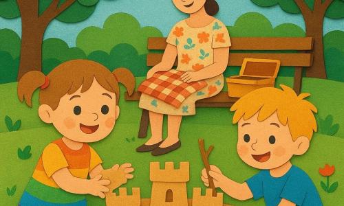 A smiling, wide-eyed 4-year-old girl, Lily, with light brown pigtails and a wrinkled rainbow dress, shapes a large sandcastle with sandy hands as an enthusiastic 4–5-year-old boy, Max, with tousled blond hair and a blue T‑shirt, leans in to add a tower of small sticks; their mother, about 30, hair tied and wearing a light floral dress, sits on a wooden bench behind them holding a checkered cloth and an open picnic box while a bright yellow bird perches on the sandbox rim watching; the round sandbox is filled with beige sand amid layered green grass and leafy trees, late-afternoon warm light and soft shadows, vivid contrasting colors, visible torn-paper textures, clean outlines and simple shapes for a joyful childlike look.