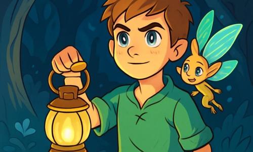 A 12-year-old boy, Lorian, stands at the edge of a mysterious forest, his eyes shining like stars and his face marked by courageous determination. He wears a slightly wrinkled green tunic and holds a golden lantern that lights his path. Beside him, a small magical creature, a sprite with shimmering wings, floats in the air, its eyes sparkling with curiosity, ready to accompany him on his adventure. The setting is an enchanted forest with gnarled tree trunks and silver leaves that glimmer under the lantern's light. Luminescent flowers grow on the ground, and shadows dance among the branches, creating a magical yet slightly eerie atmosphere. The main scene shows Lorian, determined to enter the forest, ready to face the mysteries and dangers that await him, while the sprite encourages him with a mischievous smile, brightening the darkness of their shared adventure.