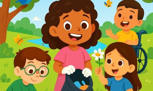 Há 4 crianças: - Ana: uma menina de 8 anos com cabelos cacheados e um grande sorriso, vestindo um vestido rosa. Ela está no centro, segurando um saco de lixo. - Miguel: um menino de 9 anos com óculos e cabelos castanhos, vestindo uma camiseta verde. Ele está à esquerda, pegando uma garrafa plástica. - Sofia: uma menina de 8 anos com cabelos longos e lisos, vestida com um vestido azul. Ela está à direita, mostrando uma flor que encontrou. - Pedro: um menino de 9 anos com cabelos curtos e um sorriso radiante, sentado em sua cadeira de rodas, vestindo uma camiseta amarela. Ele está um pouco atrás, rindo e incentivando seus amigos. O local é o Parque Verdejante, um espaço verde repleto de árvores majestosas, flores vibrantes e um lago brilhante ao sol. Pássaros cantam nos galhos e borboletas dançam ao redor das crianças, criando uma atmosfera alegre e mágica. A cena principal mostra as crianças em ação, limpando o parque. Elas estão recolhendo lixo colorido em seus sacos, rindo e se incentivando mutuamente. Seus rostos expressam determinação e alegria por contribuir à proteção do meio ambiente.
