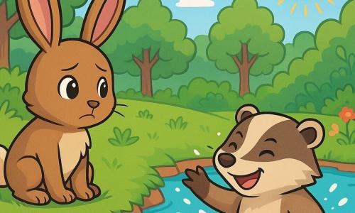 Um coelhinho de orelhas grandes, pelagem marrom e olhos brilhantes, está à beira de um riacho cintilante, com uma expressão inquieta e determinada. Ele observa um amigo, um texugo de pelos claros e manchas distintas, que nada alegremente na água, com um sorriso caloroso no rosto. O texugo está a poucos passos do coelhinho, espirrando água ao seu redor, mostrando sua alegria. Ao fundo, uma floresta verde se estende, com árvores de folhas vibrantes e flores coloridas que trazem vida à cena. O céu é de um azul claro, salpicado de nuvens brancas e fofas, e o sol brilha, criando reflexos na água. A situação principal mostra o coelhinho percebendo que machucou seu amigo com uma brincadeira, mas agora, eles compartilham um momento de felicidade brincando juntos à beira da água, simbolizando a amizade e o respeito mútuo.