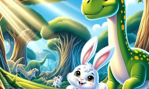 Un piccolo coniglietto di nome Bianchino, con un pelo bianco splendente e grandi orecchie morbide, salta di gioia in una foresta preistorica, i suoi occhi brillano di curiosità e meraviglia. Accanto a lui, un grande Brachiosaurus dal collo lungo e grazioso, con pelle verde e macchie gialle, guarda Bianchino con un sorriso amichevole, i suoi occhi brillano di gentilezza. La scena si svolge in una foresta lussureggiante, piena di enormi alberi preistorici, felci giganti e fiori colorati che sbocciano sotto un cielo blu splendente. Sullo sfondo, altri dinosauri curiosi si muovono lentamente, aggiungendo un tocco di magia all'ambiente. Bianchino e il Brachiosaurus esplorano insieme, meravigliati dalla bellezza della natura, mentre raggi di sole filtrano tra le foglie, illuminando la loro avventura.
