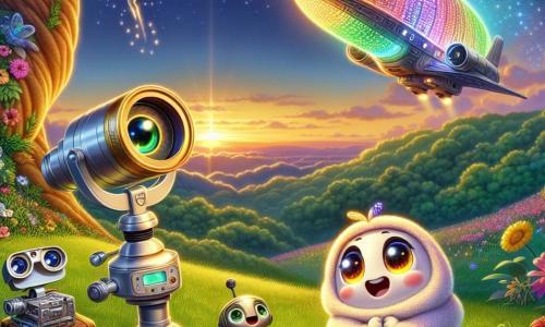 Tico, un pequeño telescopio de mesa de metal plateado con una lente brillante, está en la cima de una colina, con los ojos muy abiertos de asombro, observando una magnífica nave espacial colorida que flota en el cielo. A su lado, Ciri, una dulce y regordeta inteligencia artificial en forma de nube, con ojos brillantes y una sonrisa alegre, levanta los brazos al aire, expresando su alegría y emoción. Pipo, un proyector de cine de colores vivos, está en el suelo, proyectando estrellas centelleantes sobre la hierba, mientras observa la escena con curiosidad y entusiasmo. El lugar es una colina verde, bañada por la luz dorada del sol poniente, con flores coloridas y árboles majestuosos que rodean el paisaje. La situación principal muestra a Tico y sus amigos descubriendo a una criatura extraterrestre luminosa, Luma, que sale de su nave, iluminando la escena con un suave resplandor, mientras se encuentran por primera vez en un momento de pura magia y asombro.