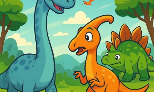 A blue-gray diplodocus with a graceful long neck and sparkling curious eyes stands at the center of the scene, joyfully smiling at a new friend. Next to it, a bright orange parasaurolophus with a trumpet-shaped crest stands slightly back, showing an expression of excitement and nervousness, ready to explore. In the background, a large stegosaurus with shiny plates and sharp spines observes the scene with a friendly and intrigued gaze. The setting unfolds in a vast green plain dotted with lush ferns and tall trees with shiny leaves, under a bright blue sky with a few fluffy white clouds. The main situation shows the three dinosaurs preparing to embark on an adventure, surrounded by an atmosphere of camaraderie and discovery, with sunlight illuminating the scene and prehistoric birds flying above them.